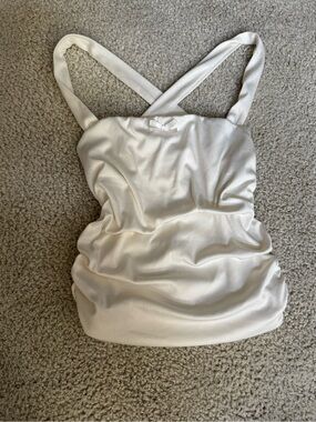 Satin Ruched Cross-Back Camisole in Cream with front bow - y2k streetwear